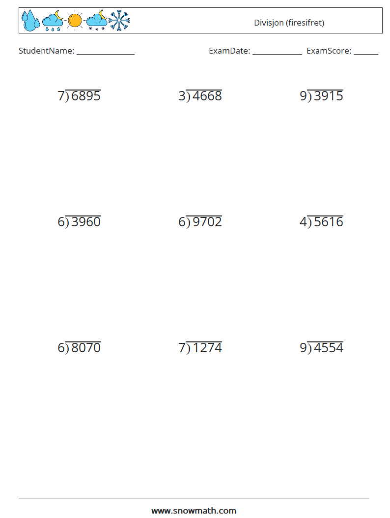 (9) Divisjon (firesifret) MathWorksheets 7