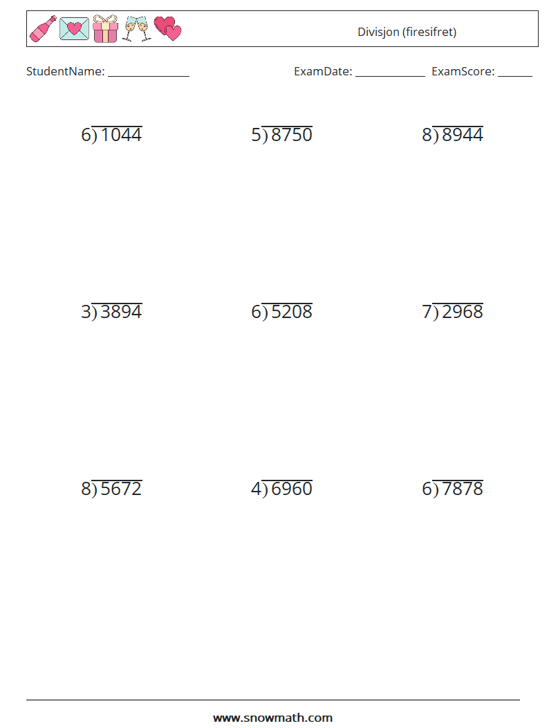 (9) Divisjon (firesifret) MathWorksheets 8