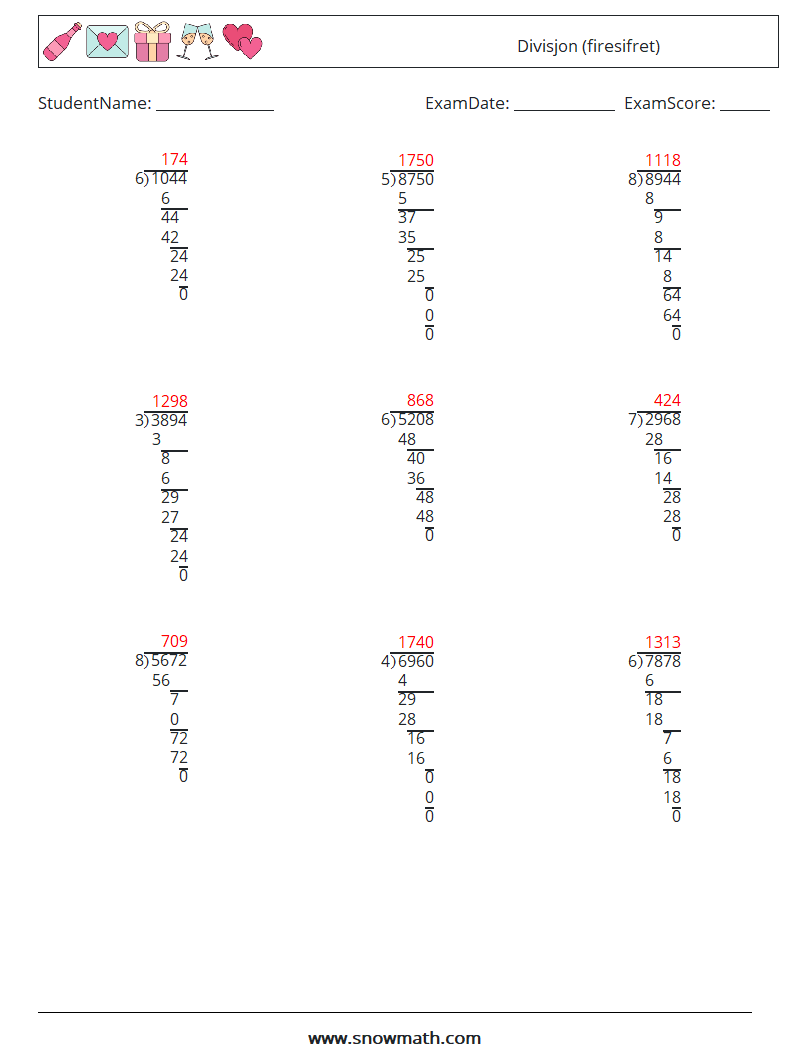 (9) Divisjon (firesifret) MathWorksheets 8 QuestionAnswer