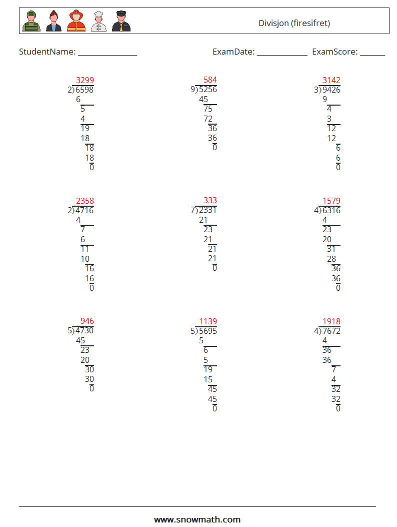 (9) Divisjon (firesifret) MathWorksheets 9 QuestionAnswer