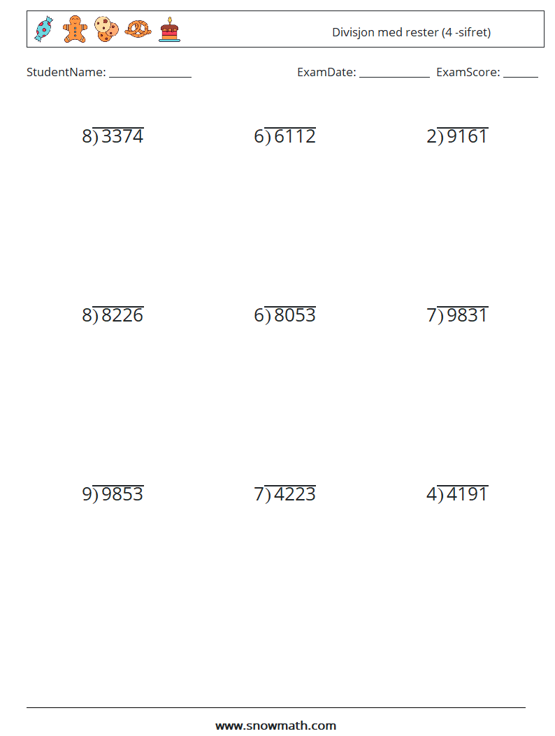(9) Divisjon med rester (4 -sifret) MathWorksheets 10