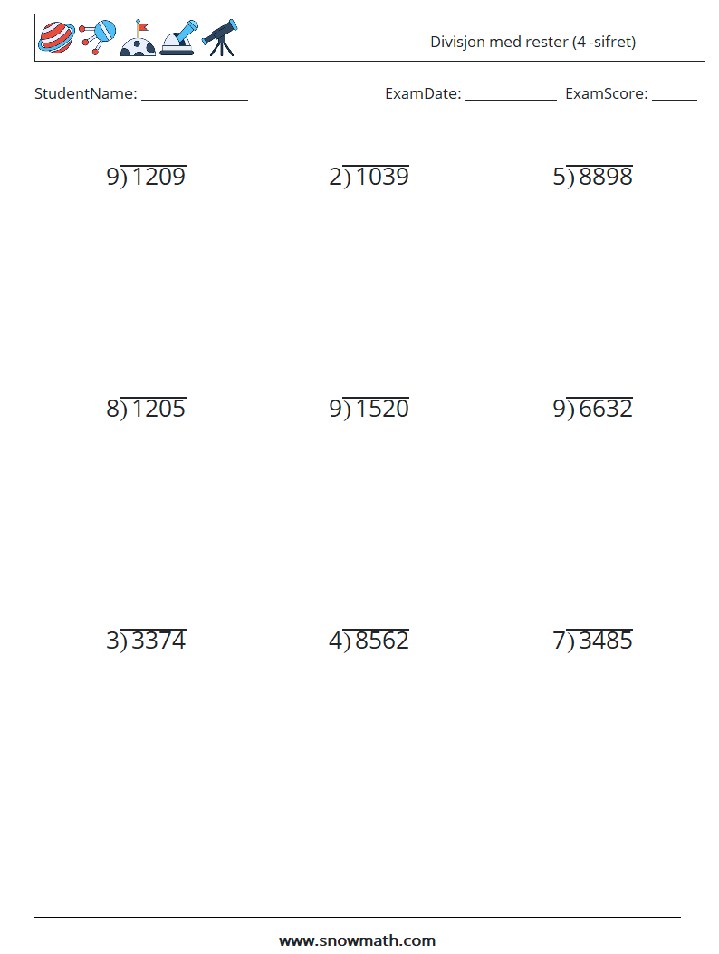 (9) Divisjon med rester (4 -sifret) MathWorksheets 11