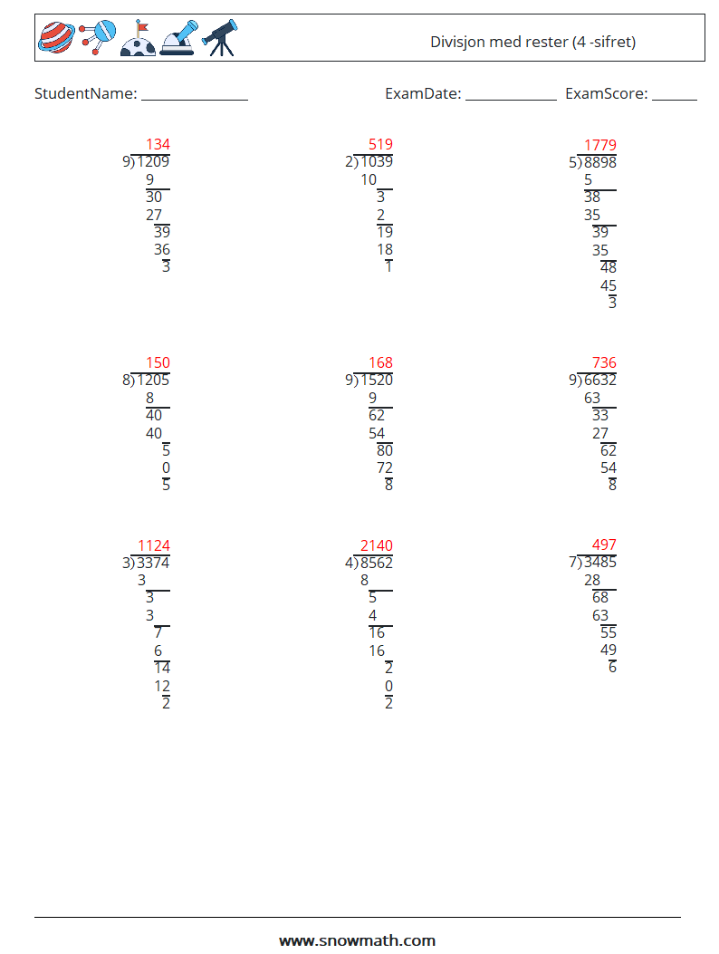 (9) Divisjon med rester (4 -sifret) MathWorksheets 11 QuestionAnswer