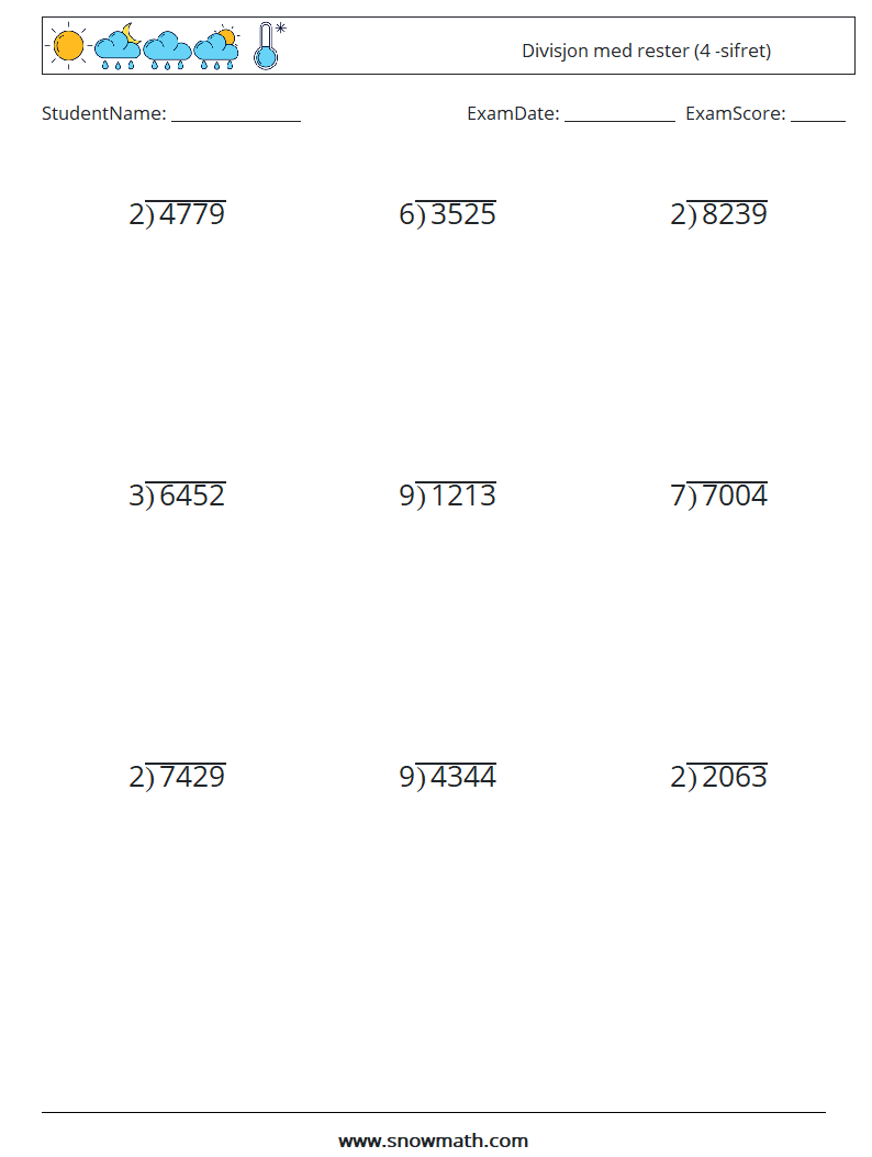 (9) Divisjon med rester (4 -sifret) MathWorksheets 12