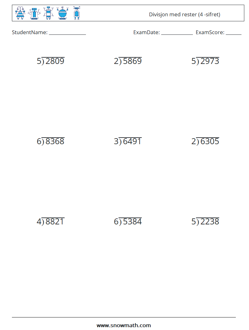 (9) Divisjon med rester (4 -sifret) MathWorksheets 13