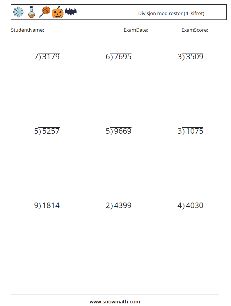 (9) Divisjon med rester (4 -sifret) MathWorksheets 14