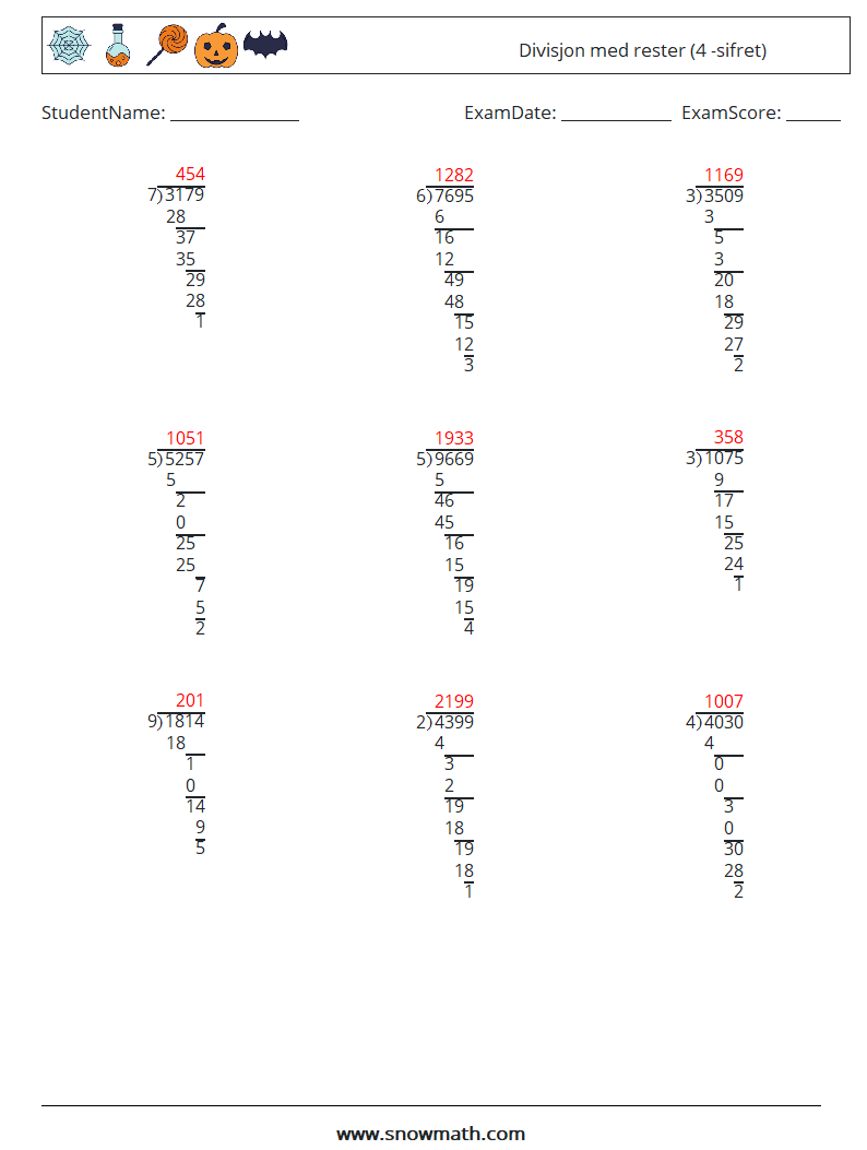 (9) Divisjon med rester (4 -sifret) MathWorksheets 14 QuestionAnswer