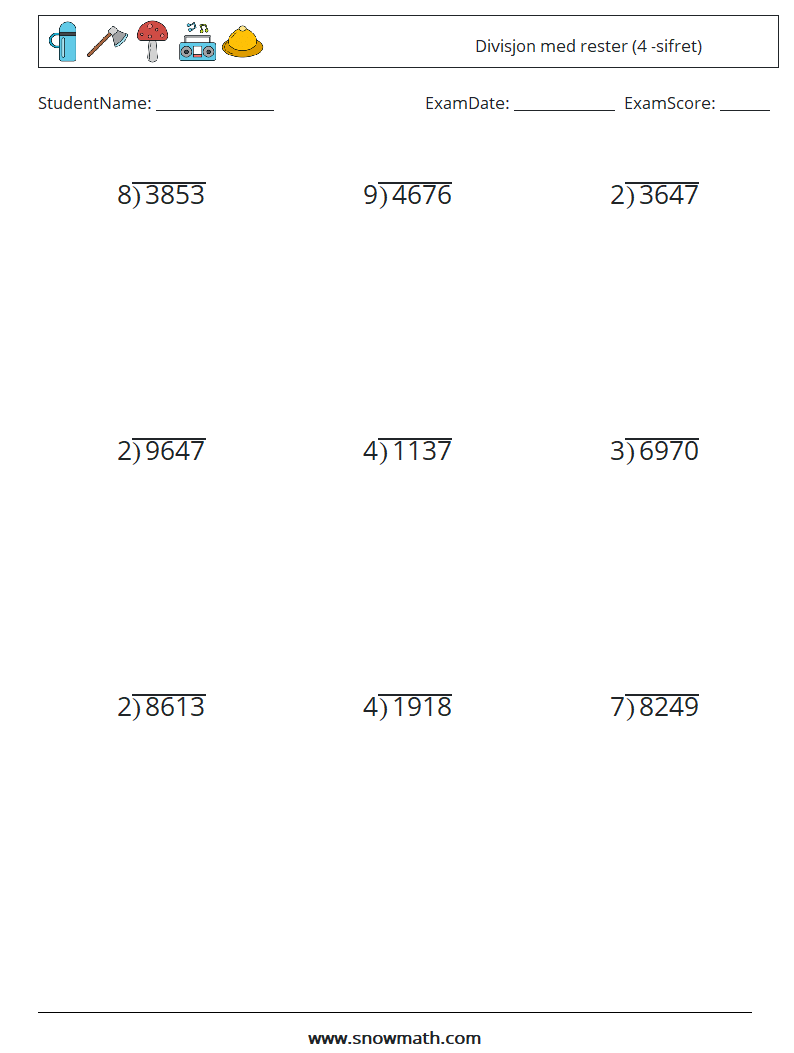 (9) Divisjon med rester (4 -sifret) MathWorksheets 15