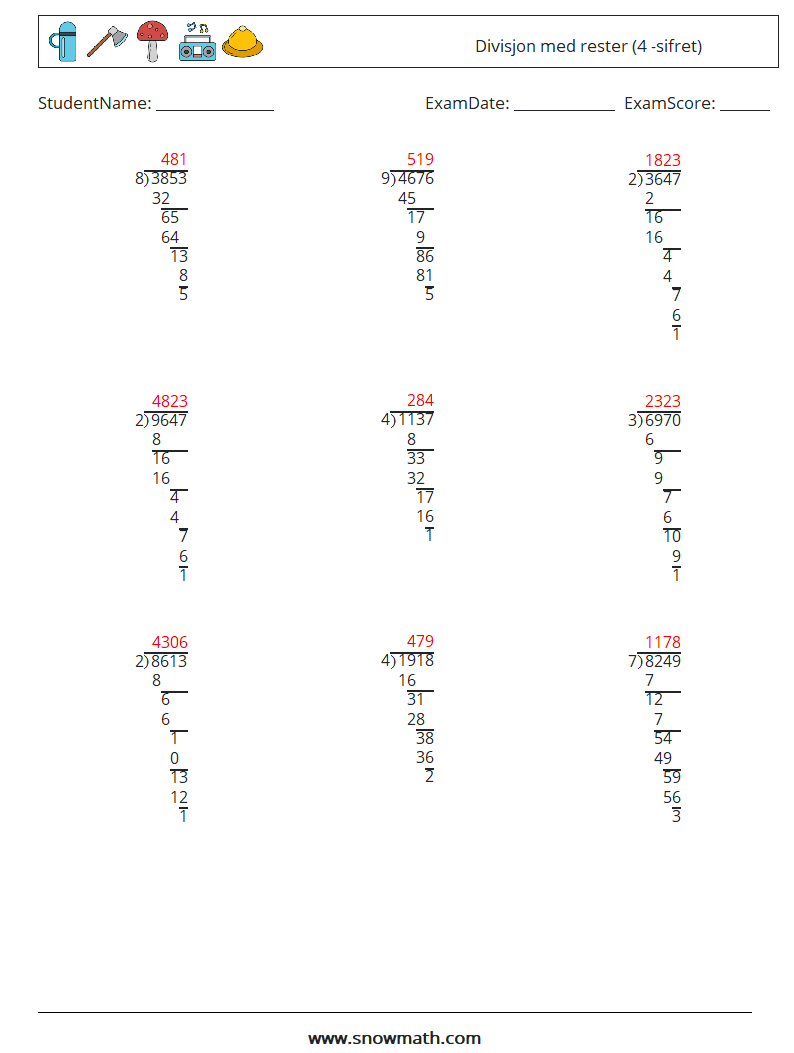 (9) Divisjon med rester (4 -sifret) MathWorksheets 15 QuestionAnswer