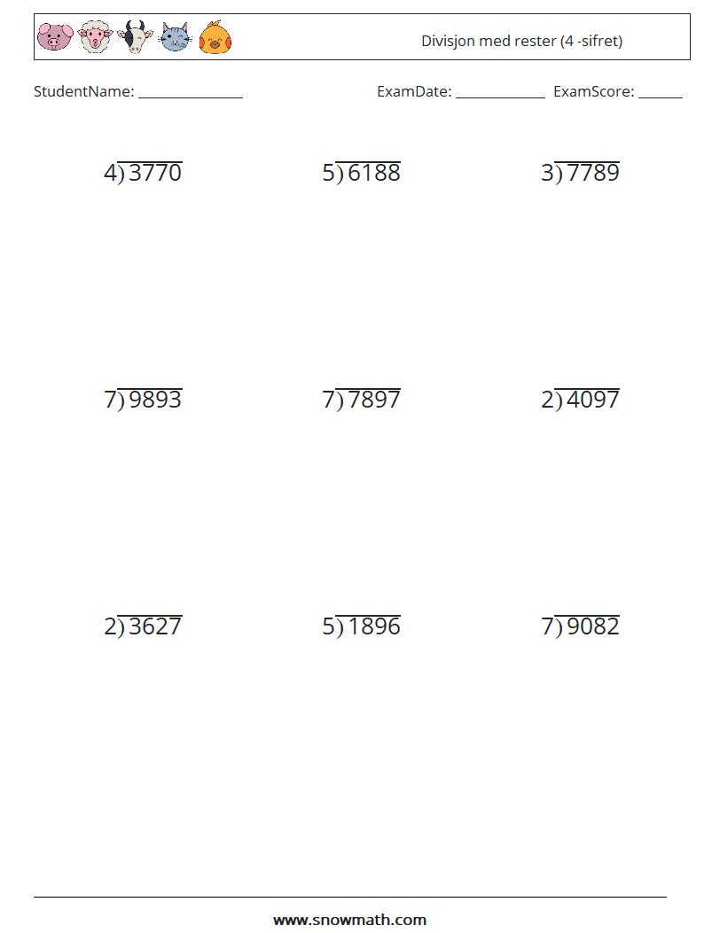 (9) Divisjon med rester (4 -sifret) MathWorksheets 16