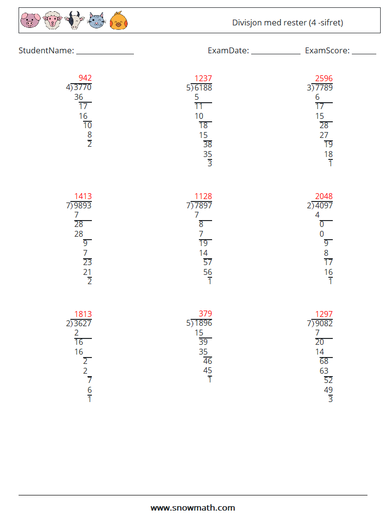 (9) Divisjon med rester (4 -sifret) MathWorksheets 16 QuestionAnswer