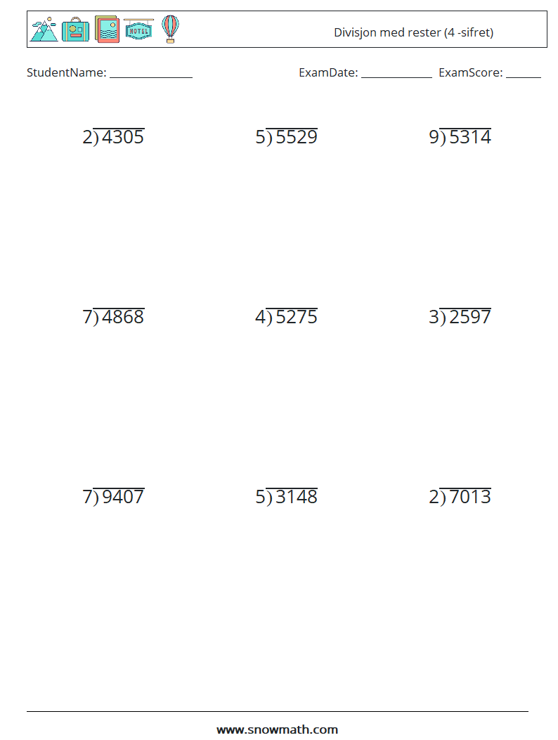 (9) Divisjon med rester (4 -sifret) MathWorksheets 18