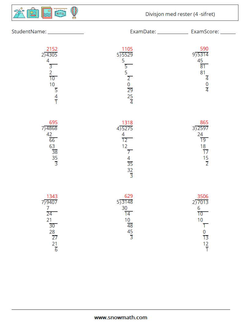 (9) Divisjon med rester (4 -sifret) MathWorksheets 18 QuestionAnswer