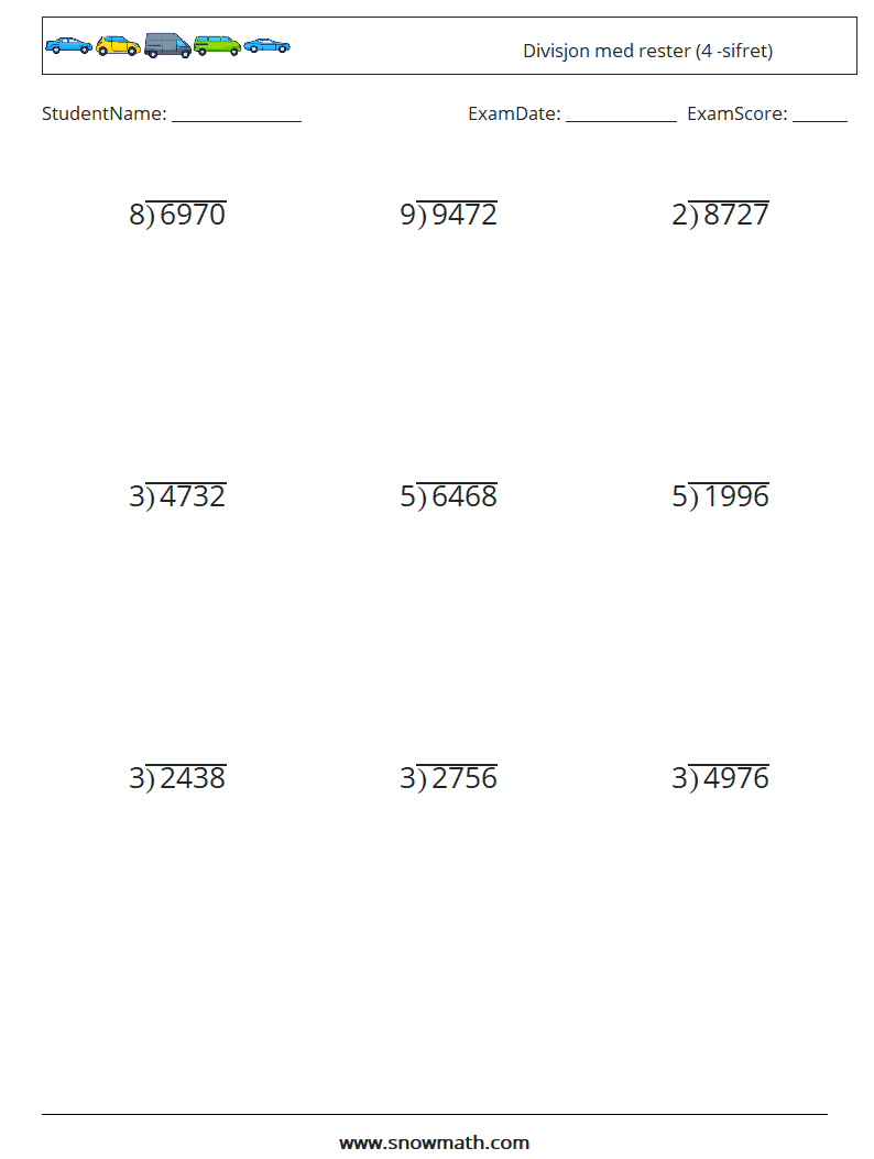 (9) Divisjon med rester (4 -sifret) MathWorksheets 2