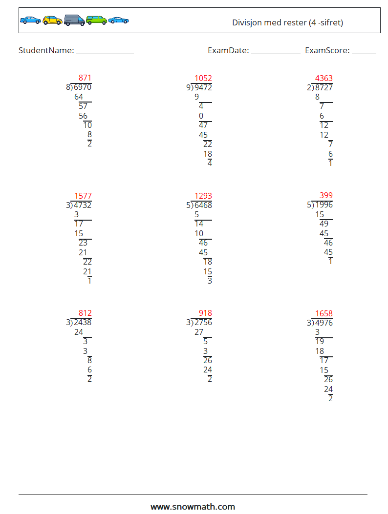 (9) Divisjon med rester (4 -sifret) MathWorksheets 2 QuestionAnswer