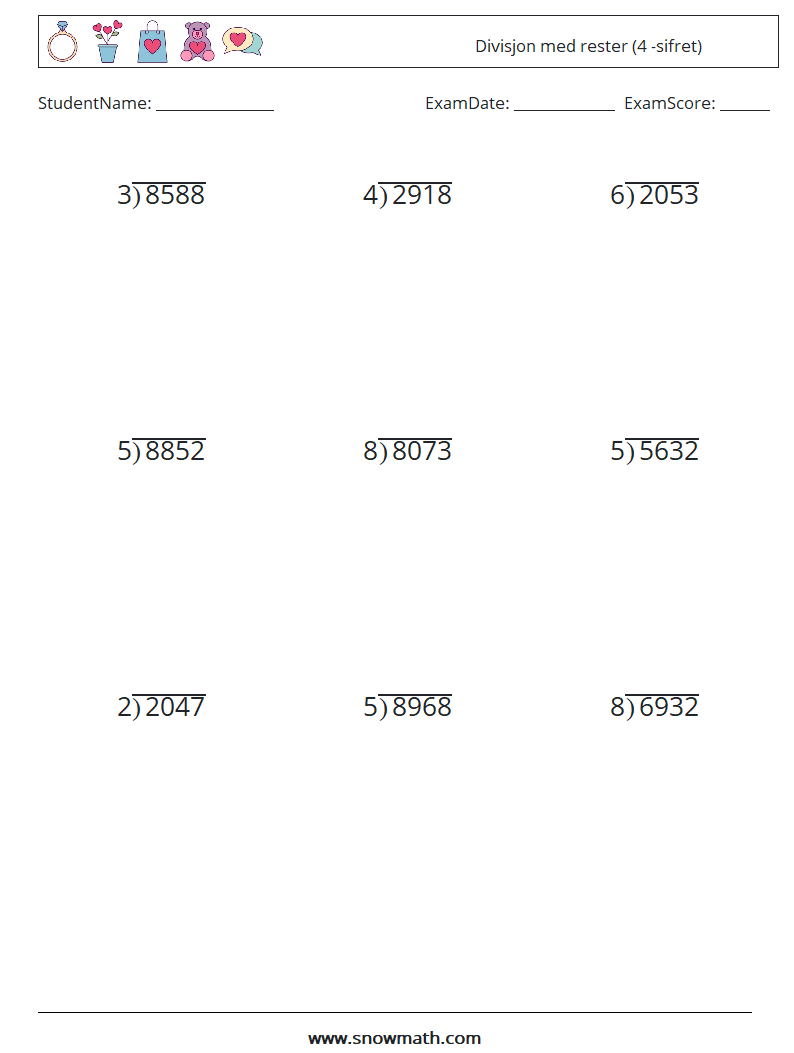 (9) Divisjon med rester (4 -sifret) MathWorksheets 3