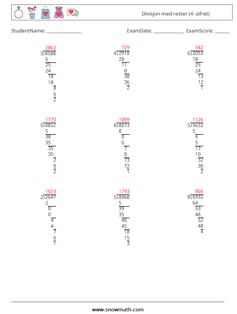 (9) Divisjon med rester (4 -sifret) MathWorksheets 3 QuestionAnswer