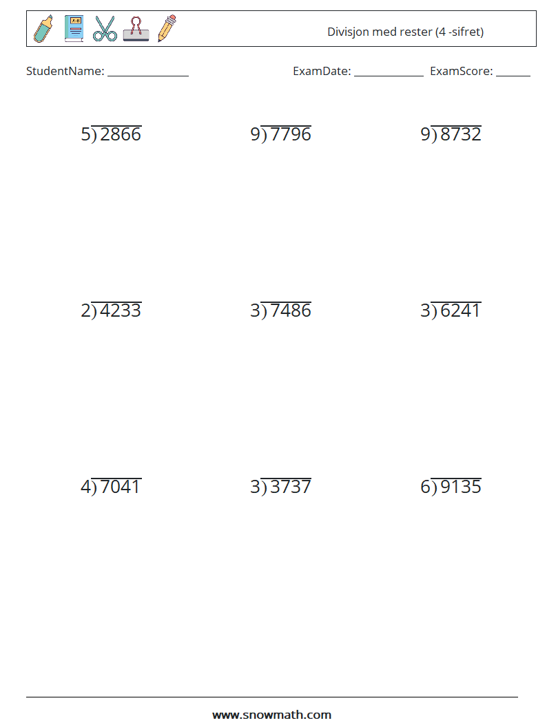 (9) Divisjon med rester (4 -sifret) MathWorksheets 4