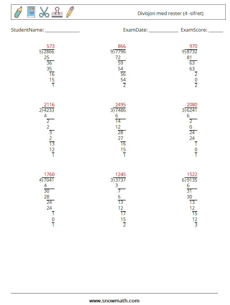 (9) Divisjon med rester (4 -sifret) MathWorksheets 4 QuestionAnswer