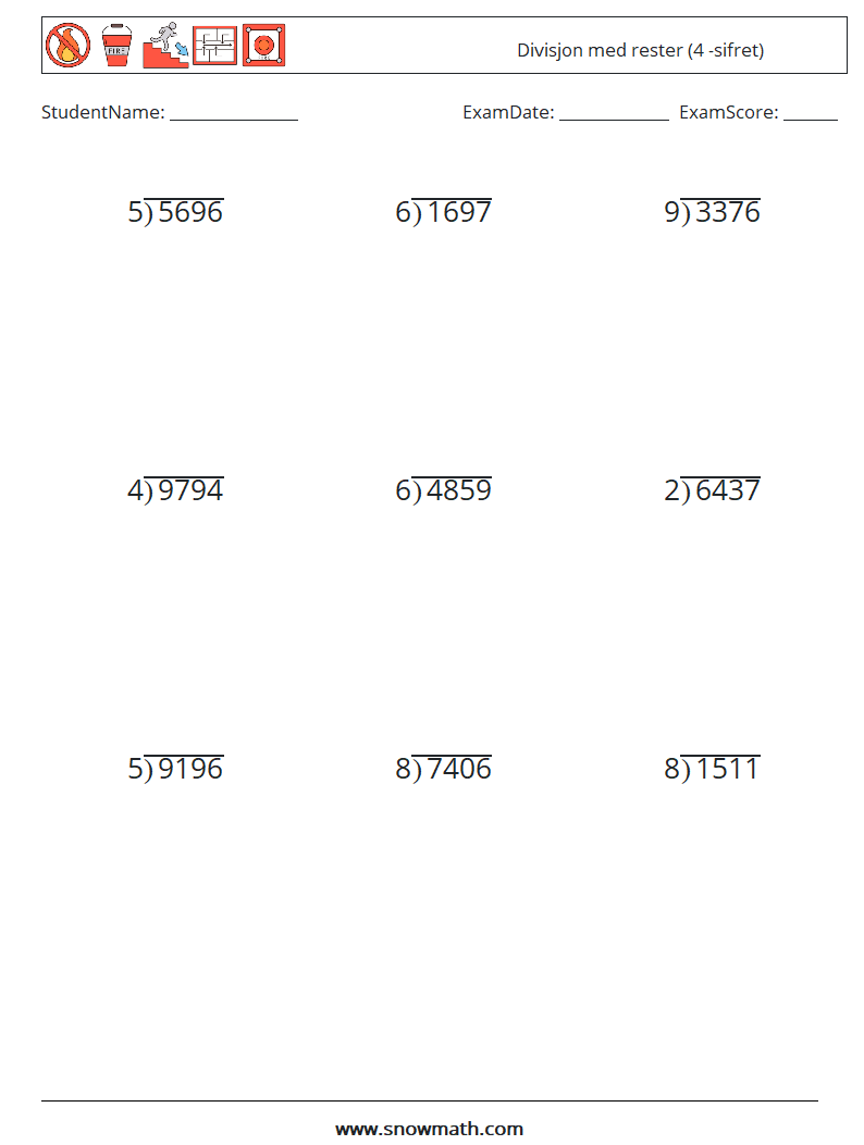 (9) Divisjon med rester (4 -sifret) MathWorksheets 5