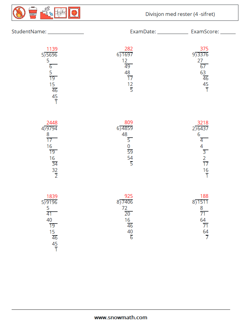 (9) Divisjon med rester (4 -sifret) MathWorksheets 5 QuestionAnswer