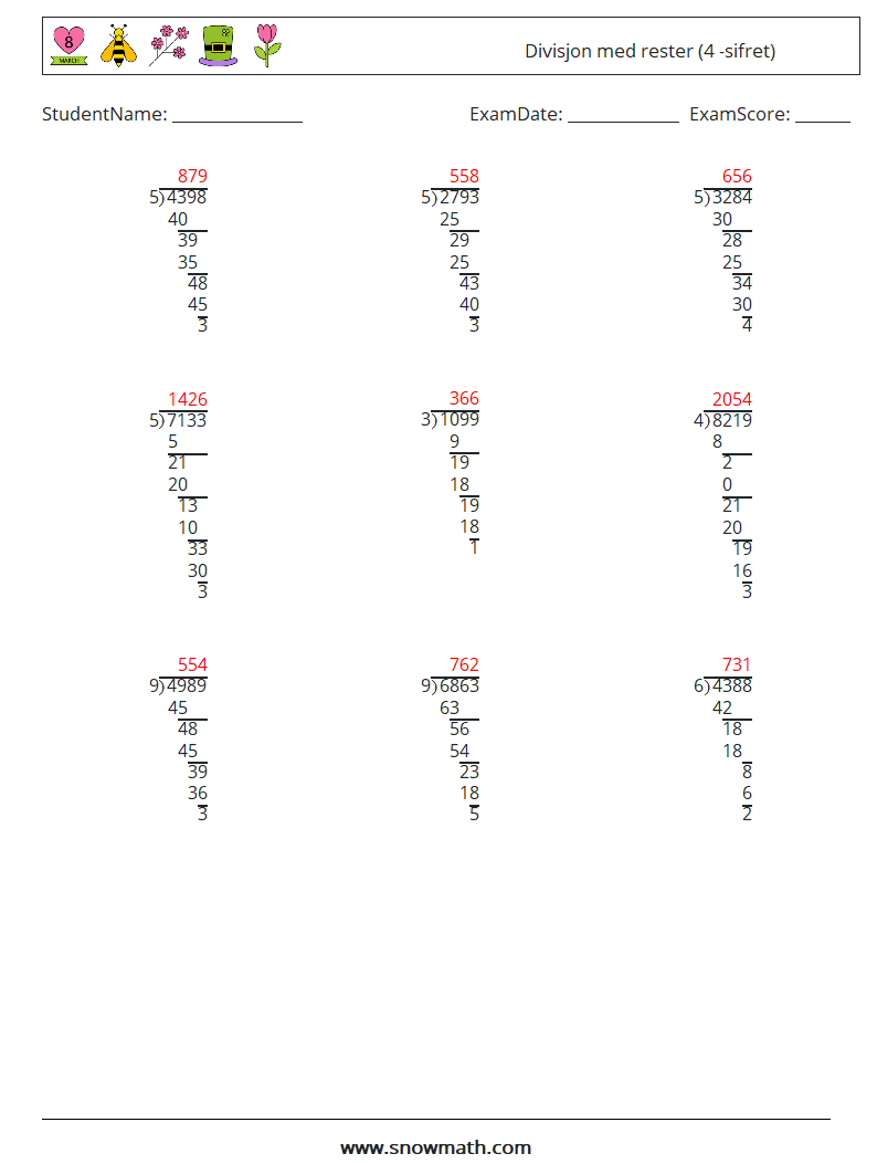 (9) Divisjon med rester (4 -sifret) MathWorksheets 6 QuestionAnswer