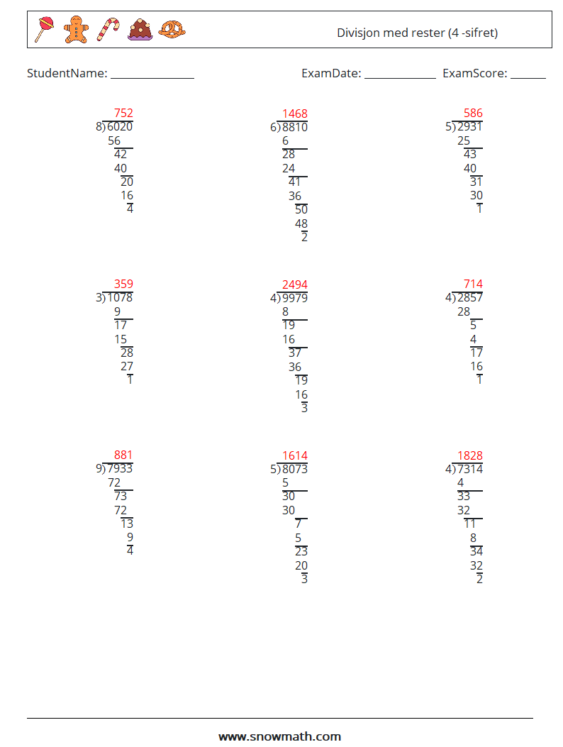 (9) Divisjon med rester (4 -sifret) MathWorksheets 7 QuestionAnswer