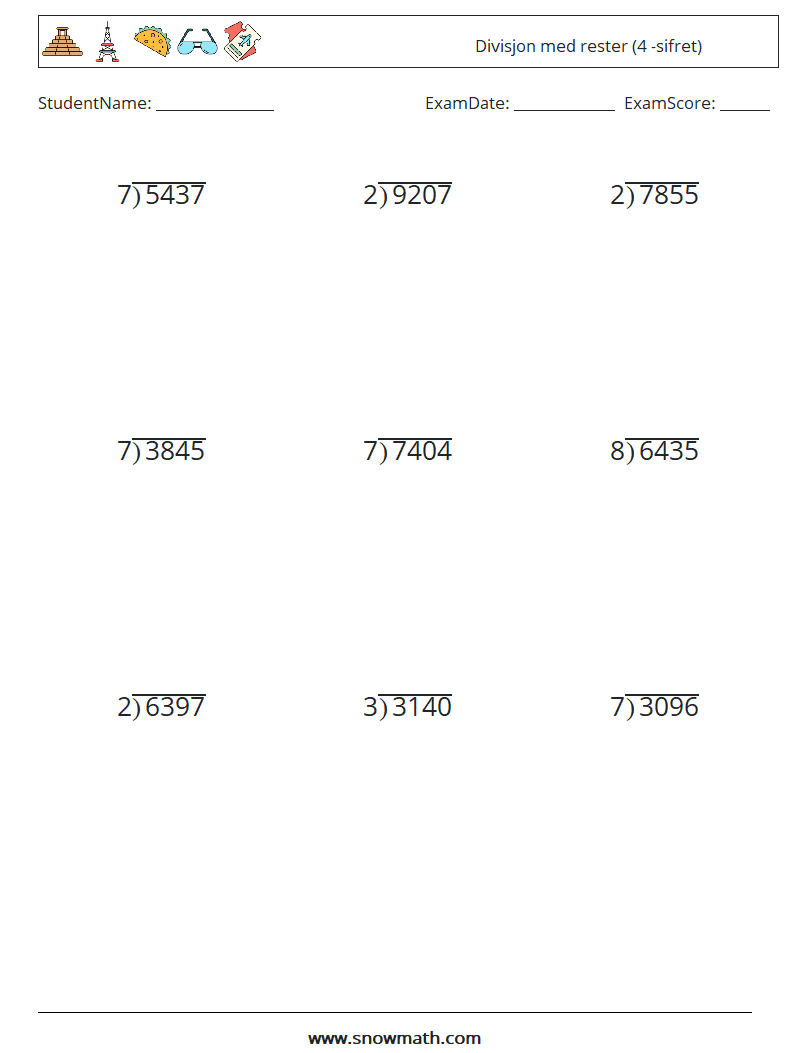 (9) Divisjon med rester (4 -sifret) MathWorksheets 8