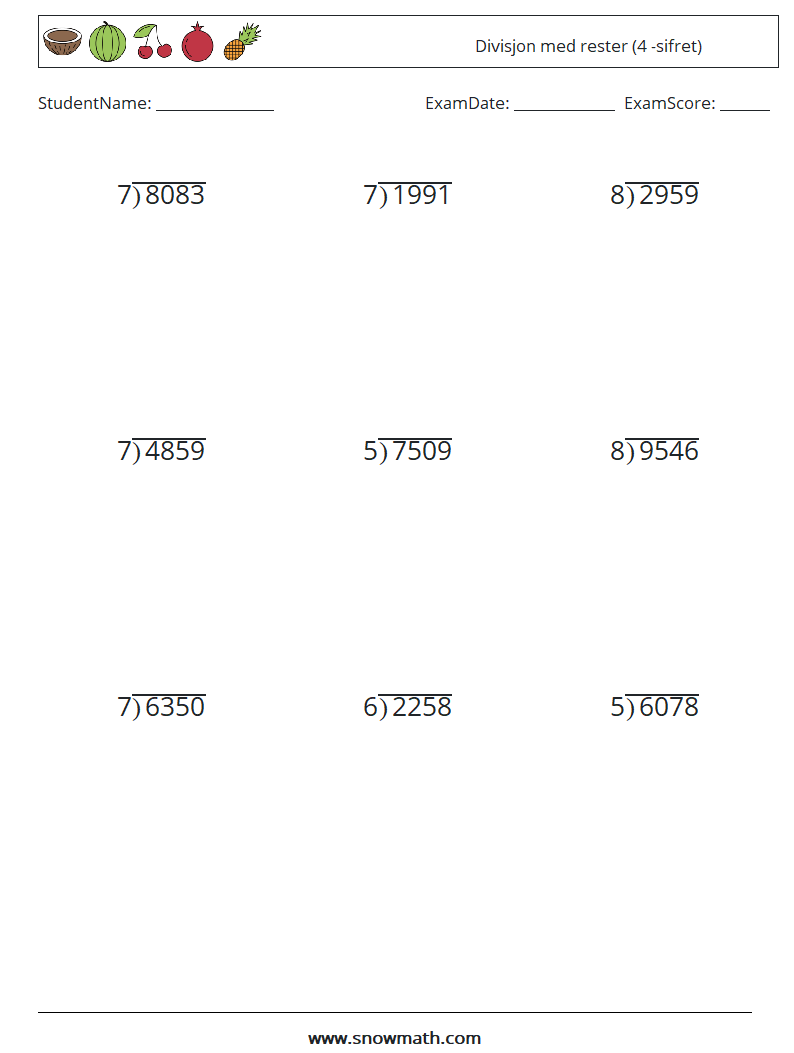 (9) Divisjon med rester (4 -sifret) MathWorksheets 9
