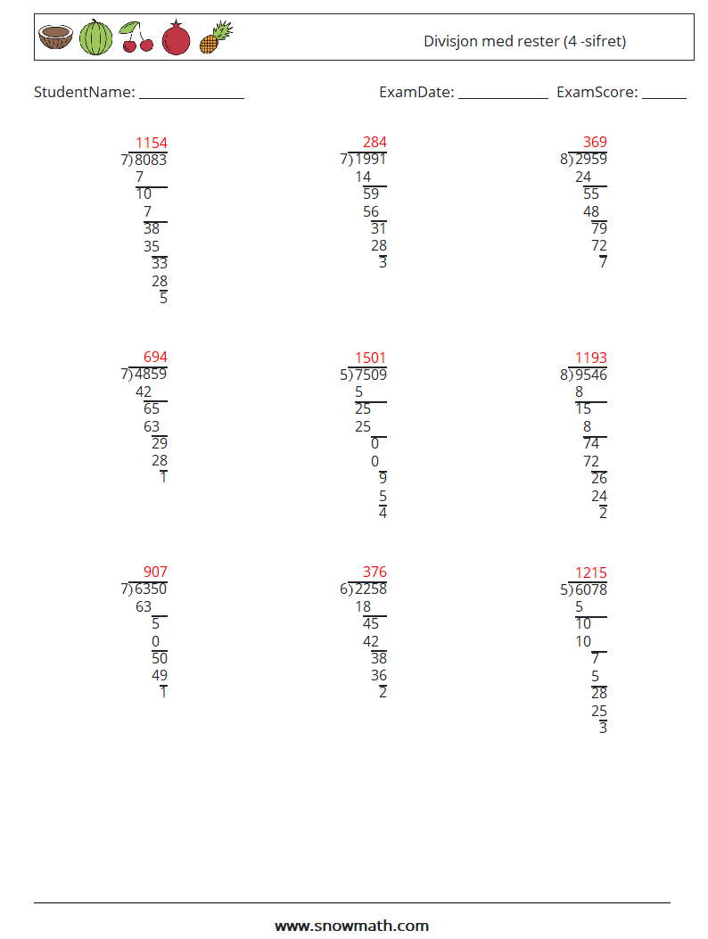 (9) Divisjon med rester (4 -sifret) MathWorksheets 9 QuestionAnswer