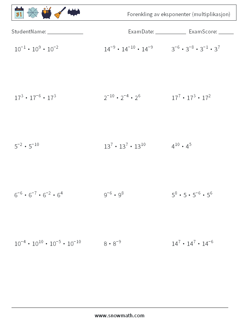 Forenkling av eksponenter (multiplikasjon) MathWorksheets 1