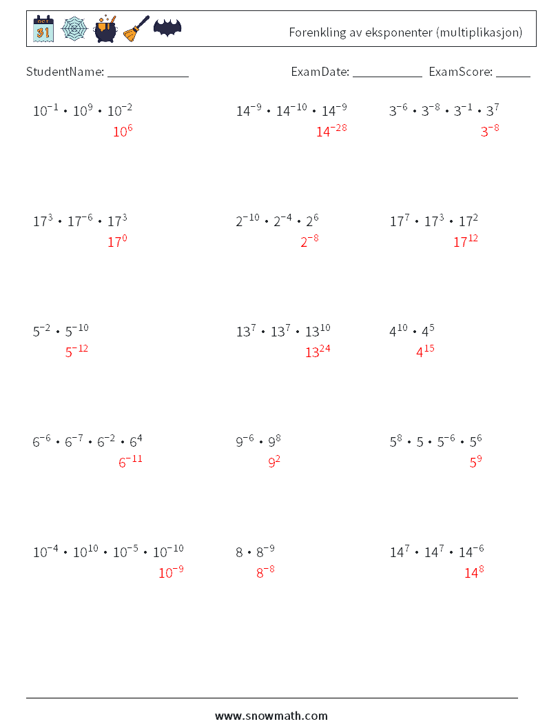 Forenkling av eksponenter (multiplikasjon) MathWorksheets 1 QuestionAnswer