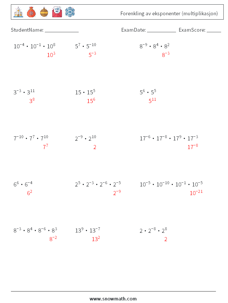 Forenkling av eksponenter (multiplikasjon) MathWorksheets 2 QuestionAnswer