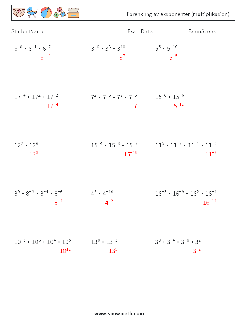 Forenkling av eksponenter (multiplikasjon) MathWorksheets 3 QuestionAnswer