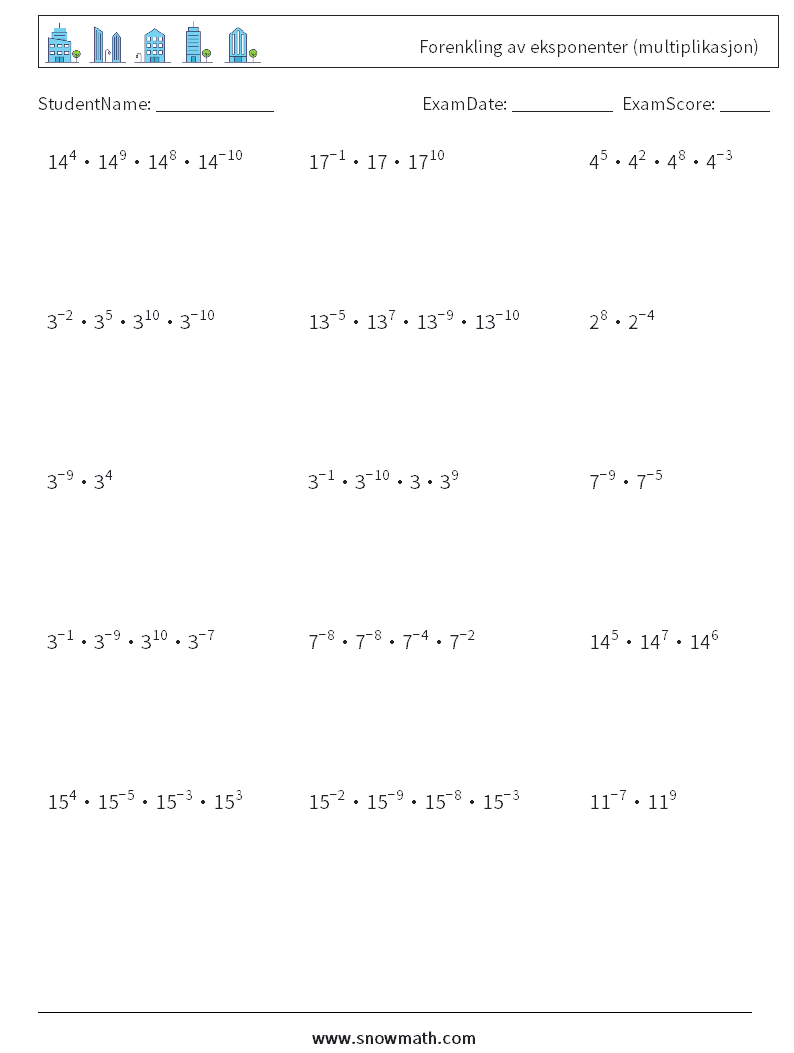 Forenkling av eksponenter (multiplikasjon) MathWorksheets 4
