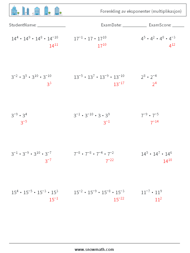 Forenkling av eksponenter (multiplikasjon) MathWorksheets 4 QuestionAnswer