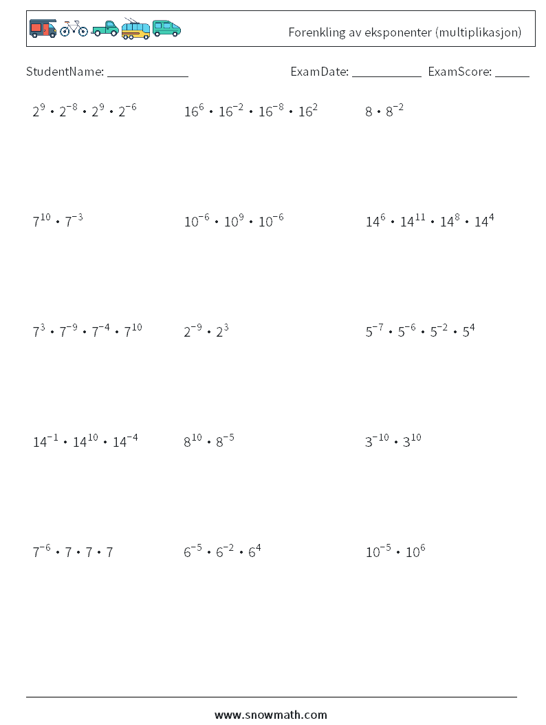Forenkling av eksponenter (multiplikasjon) MathWorksheets 5