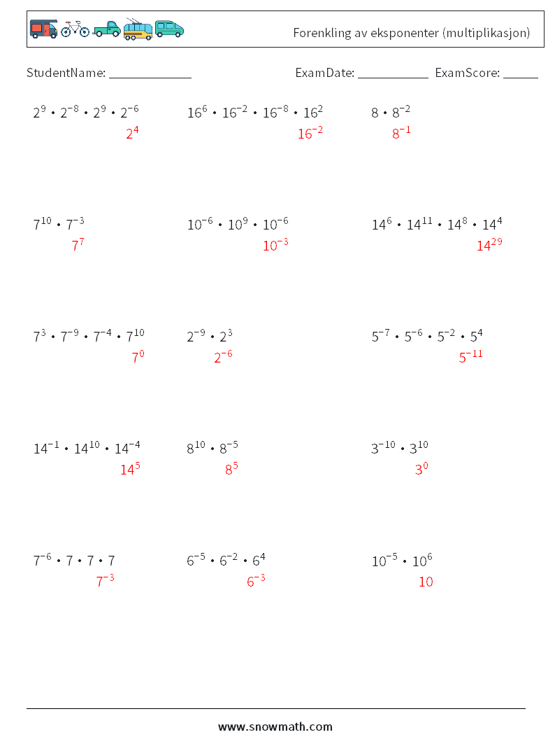 Forenkling av eksponenter (multiplikasjon) MathWorksheets 5 QuestionAnswer