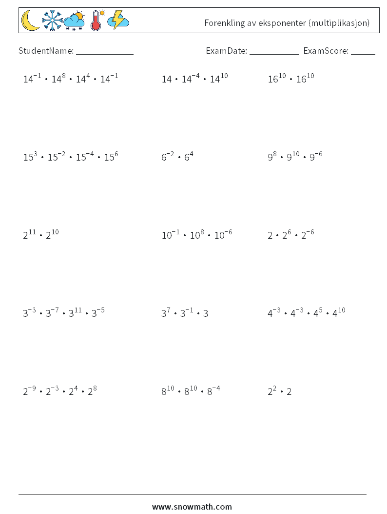 Forenkling av eksponenter (multiplikasjon) MathWorksheets 6
