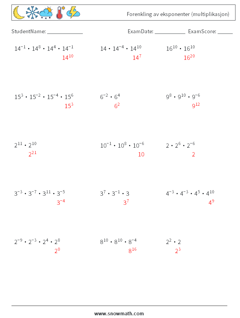 Forenkling av eksponenter (multiplikasjon) MathWorksheets 6 QuestionAnswer