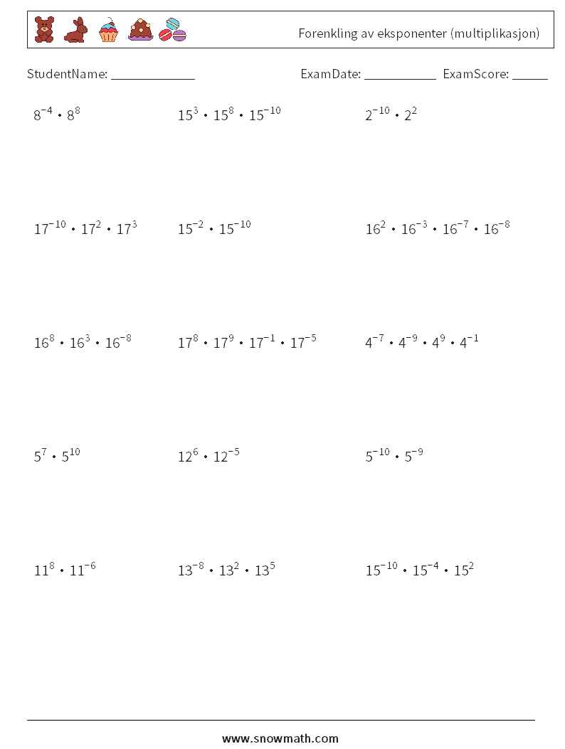 Forenkling av eksponenter (multiplikasjon) MathWorksheets 7