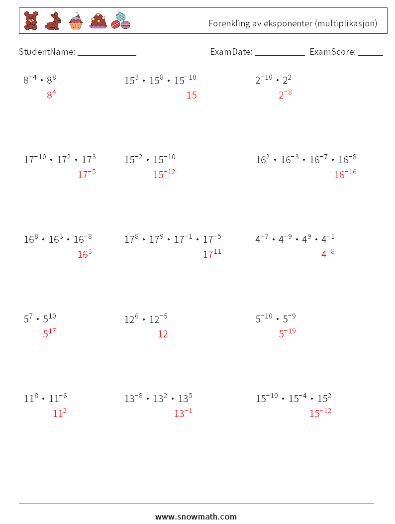 Forenkling av eksponenter (multiplikasjon) MathWorksheets 7 QuestionAnswer