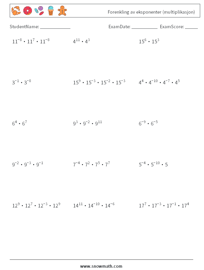 Forenkling av eksponenter (multiplikasjon) MathWorksheets 8