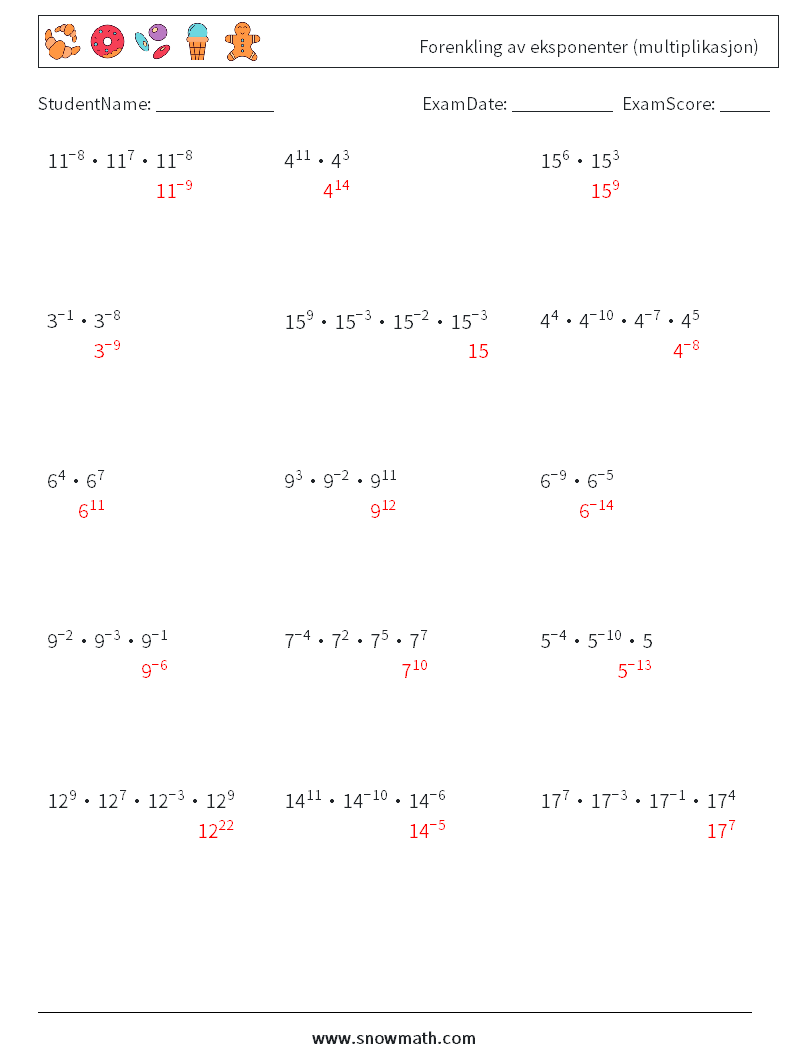 Forenkling av eksponenter (multiplikasjon) MathWorksheets 8 QuestionAnswer