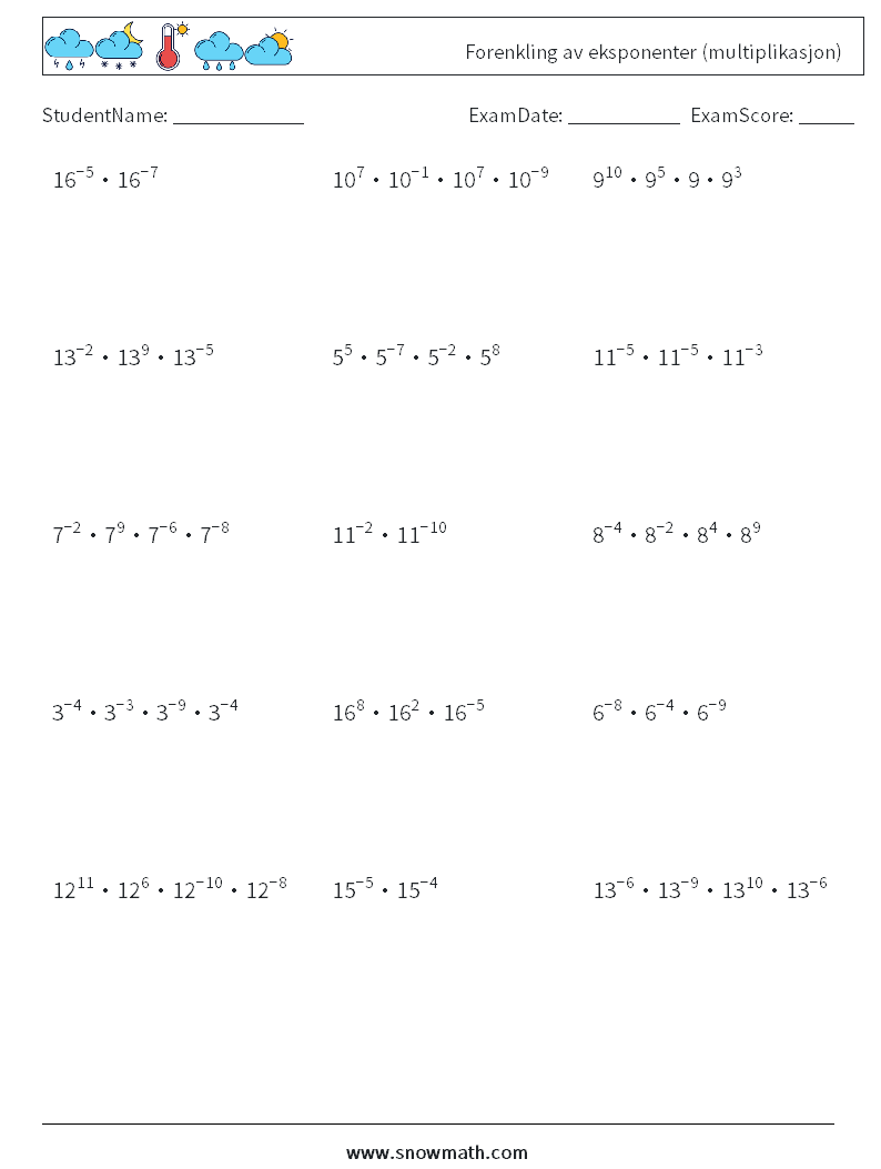 Forenkling av eksponenter (multiplikasjon) MathWorksheets 9