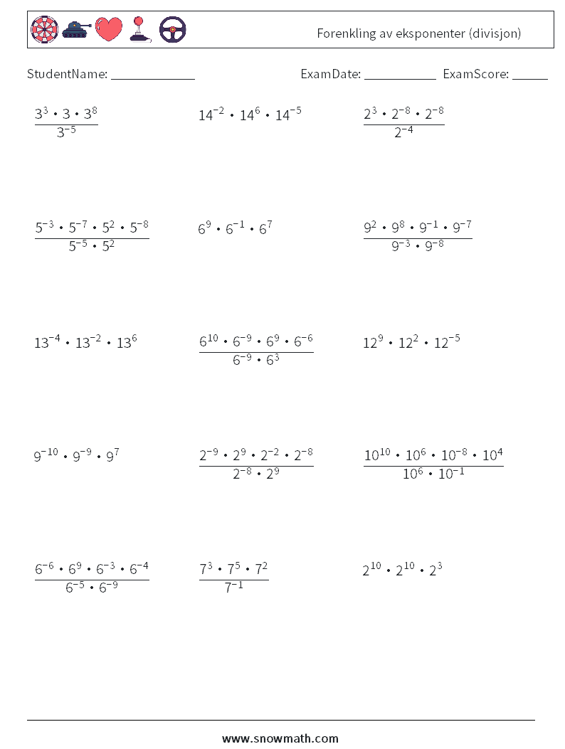 Forenkling av eksponenter (divisjon) MathWorksheets 1