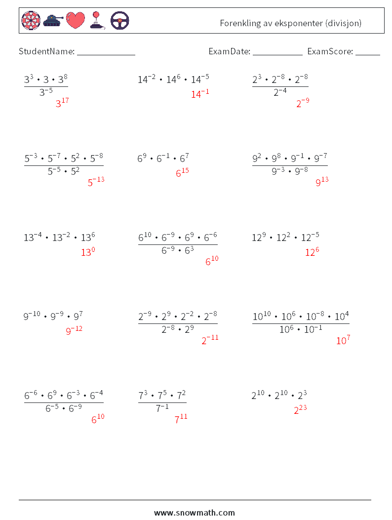 Forenkling av eksponenter (divisjon) MathWorksheets 1 QuestionAnswer