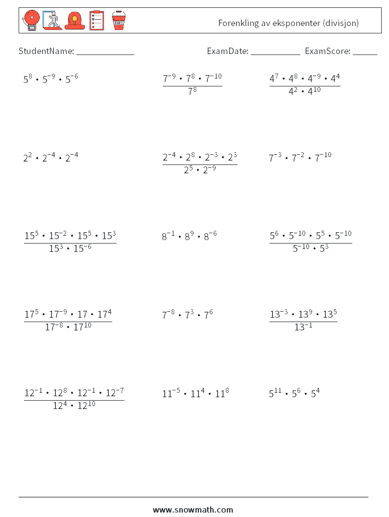 Forenkling av eksponenter (divisjon) MathWorksheets 2