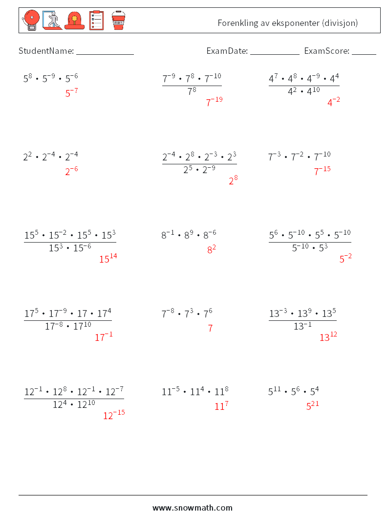 Forenkling av eksponenter (divisjon) MathWorksheets 2 QuestionAnswer