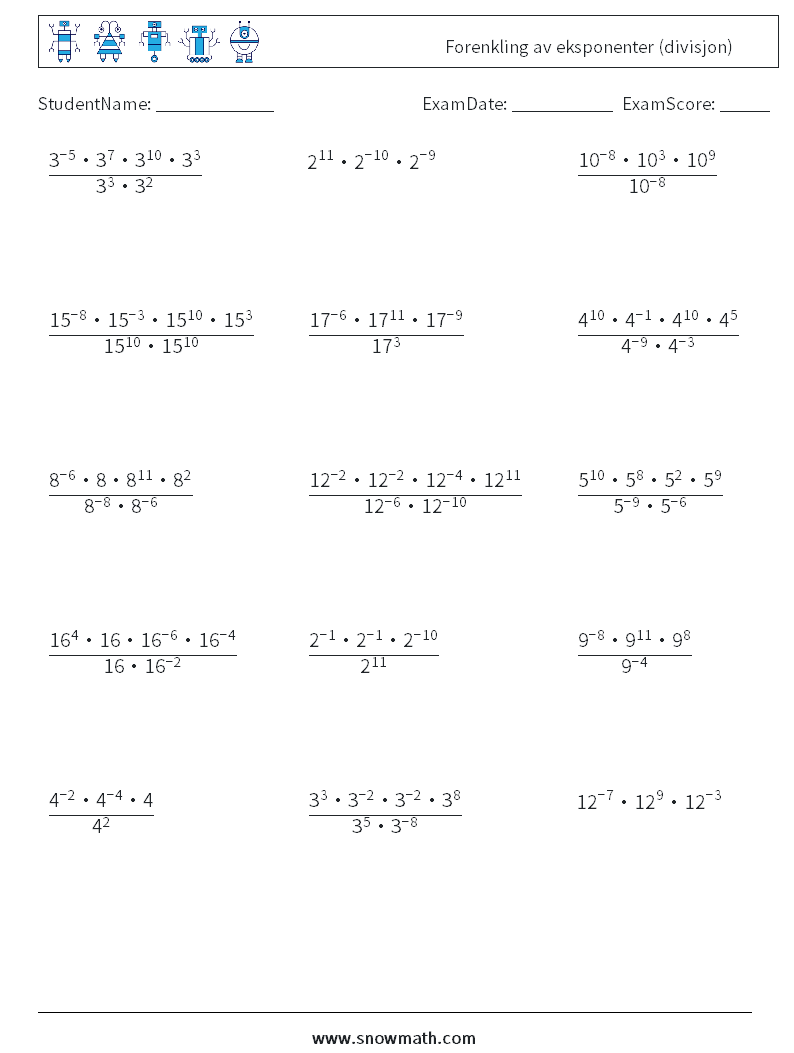 Forenkling av eksponenter (divisjon) MathWorksheets 3